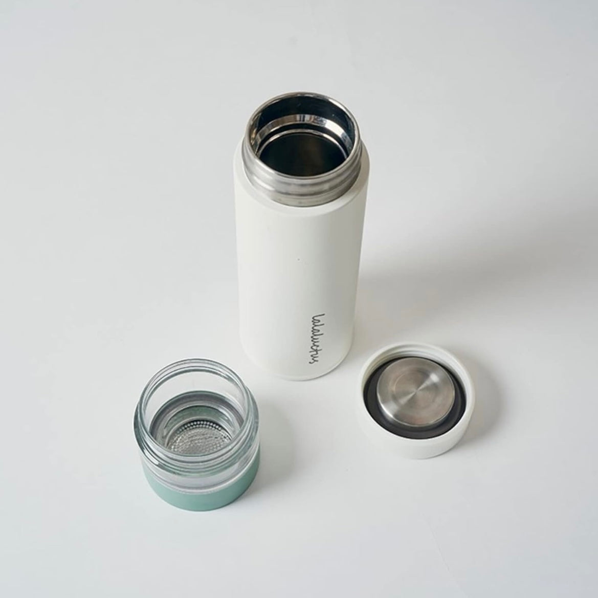 Lalaluctus Tea Bottle - Stainless Steel Tumbler with Tea Strainer - Cream White - 400 ml