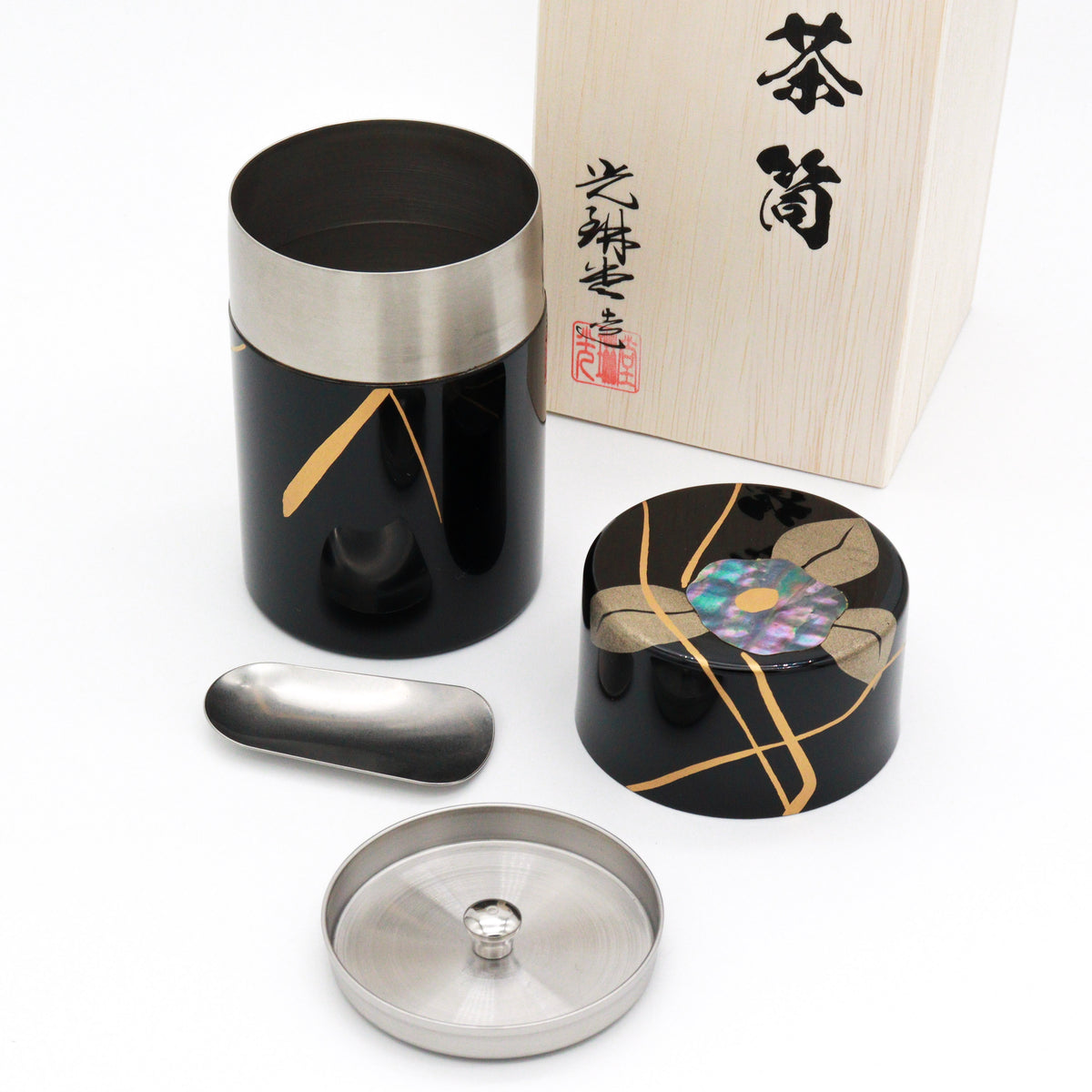 Korindo Echizen: Urushi Tea Canister Kai-Tsubaki - 光琳堂 越前漆器: うるし茶筒「貝椿」
