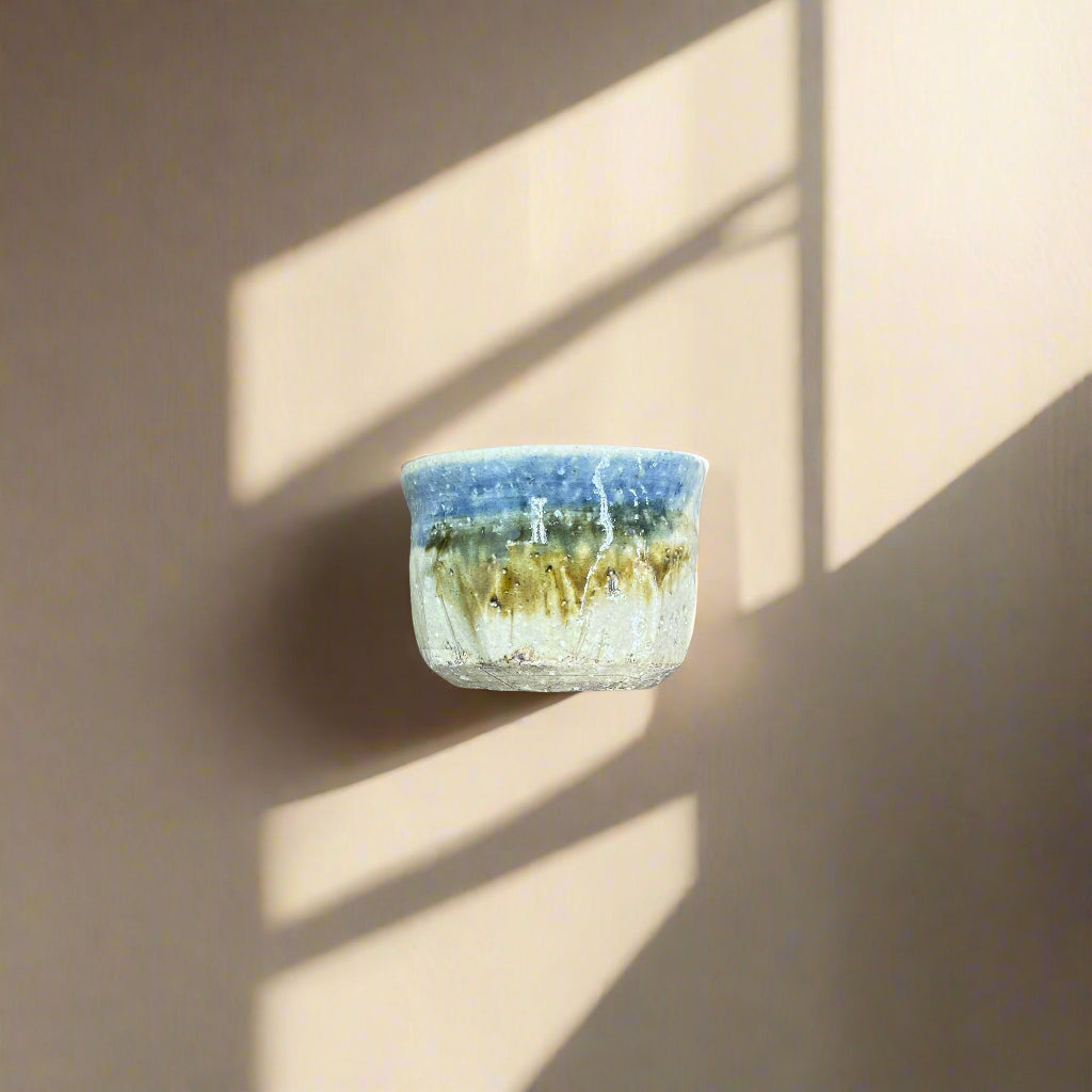 桂山窯：手作り民芸織部ぐい呑 木箱入り 桂山作：手造り民藝織部ぐい呑