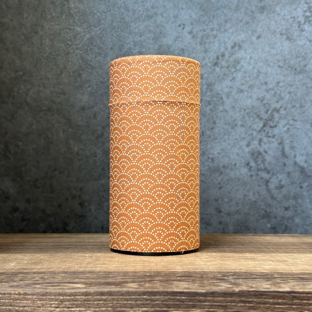 Okumura Seikan: Tea Canister, Fabric (size for 175g sencha), Design: Seigaiha Waves Orange